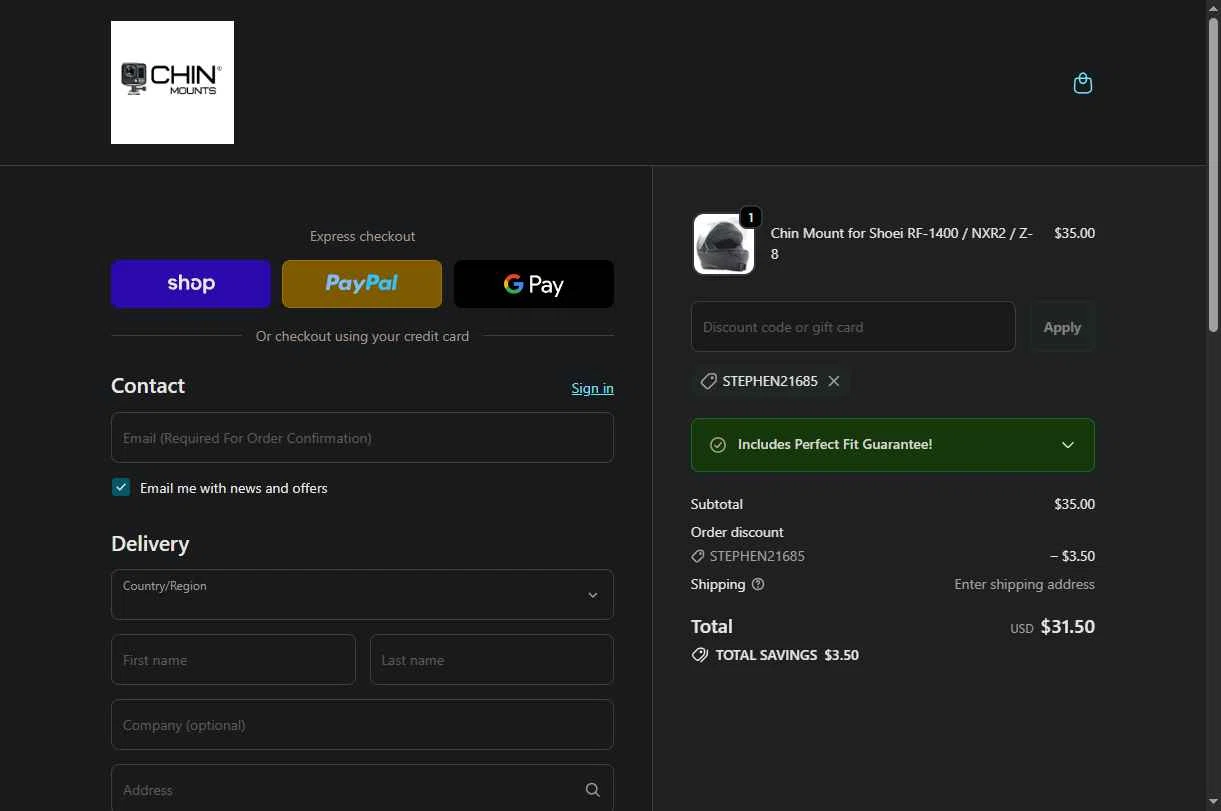 Chin Mounts checkout page showing Chin Mounts discount code box | Screenshot taken by SimplyCodes community member on Feb 13, 2026