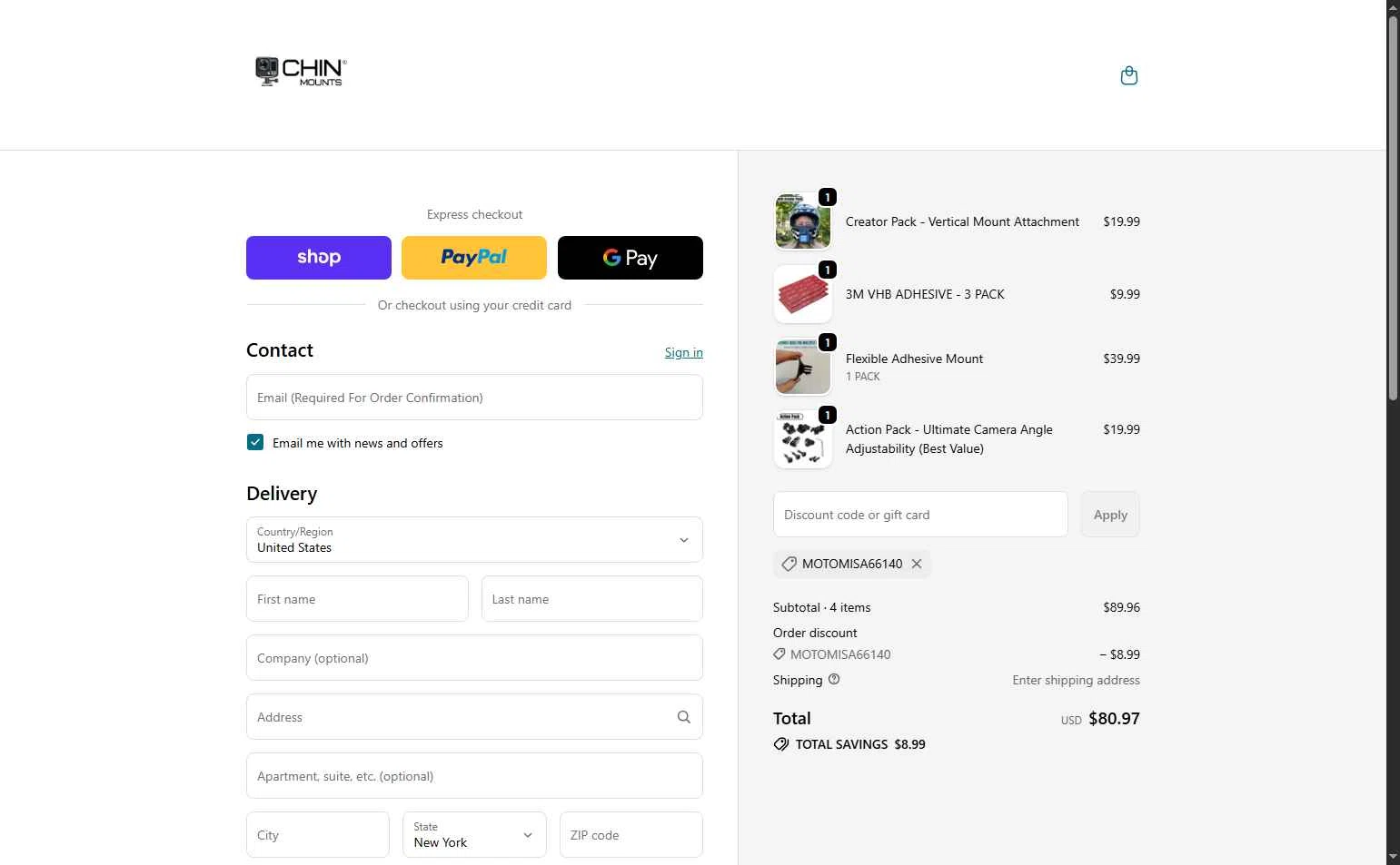 Chin Mounts checkout page showing Chin Mounts discount code box | Screenshot taken by SimplyCodes community member on Oct 16, 2025