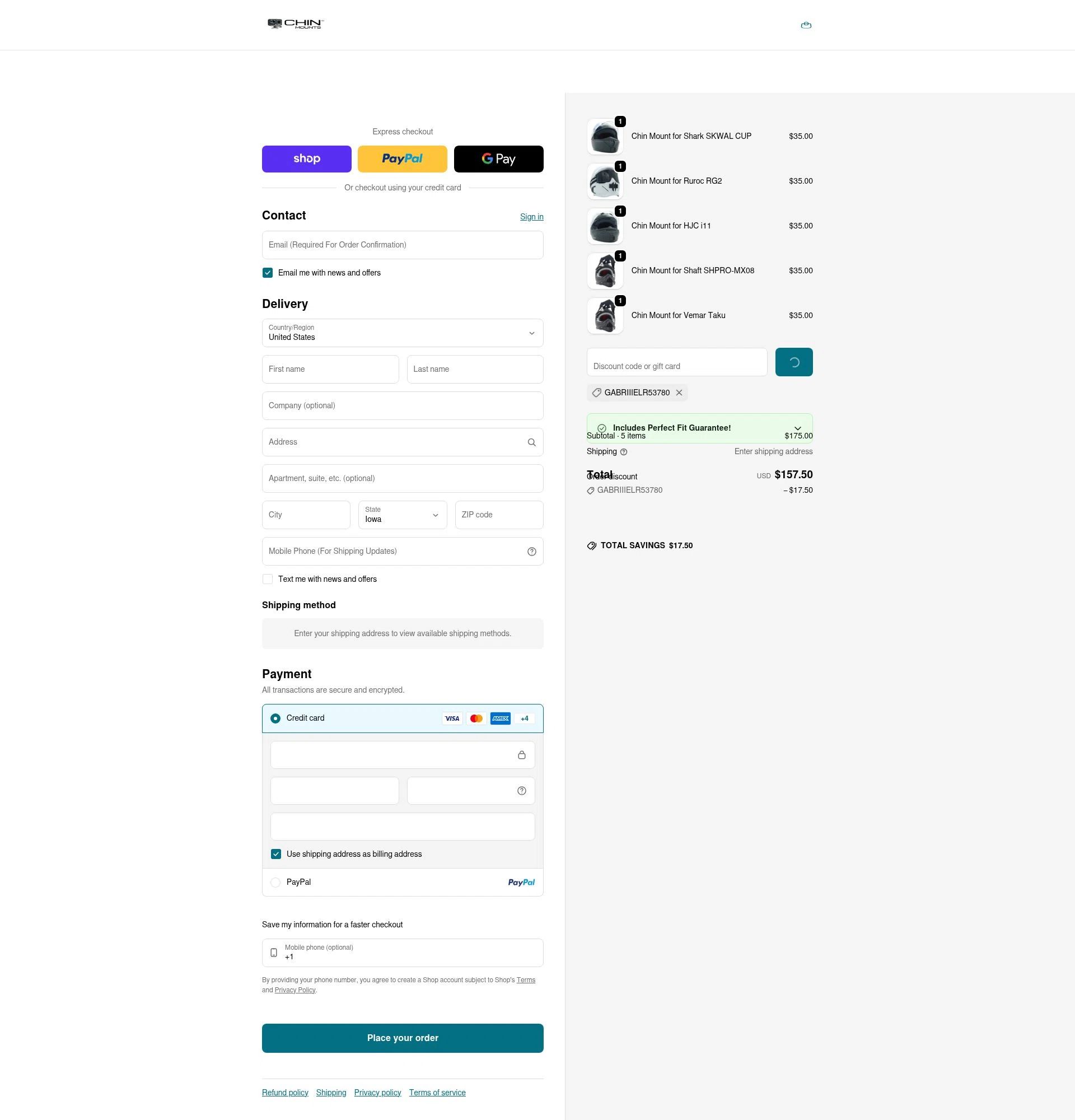 Chin Mounts checkout page showing Chin Mounts discount code box | Screenshot taken by SimplyCodes community member on Feb 12, 2026