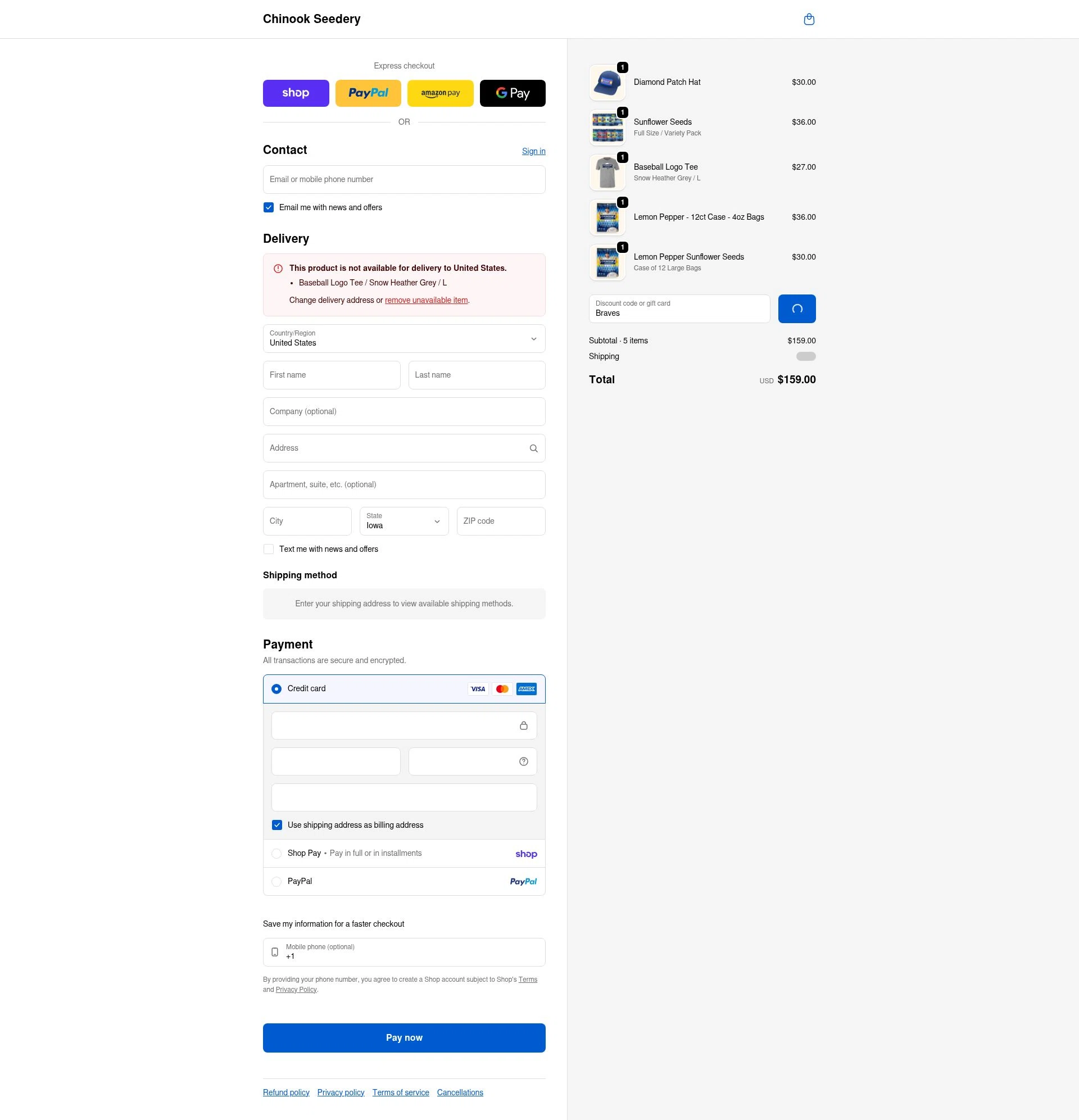 Chinook Seedery checkout page showing Chinook Seedery discount code box | Screenshot taken by SimplyCodes community member on Feb 4, 2026