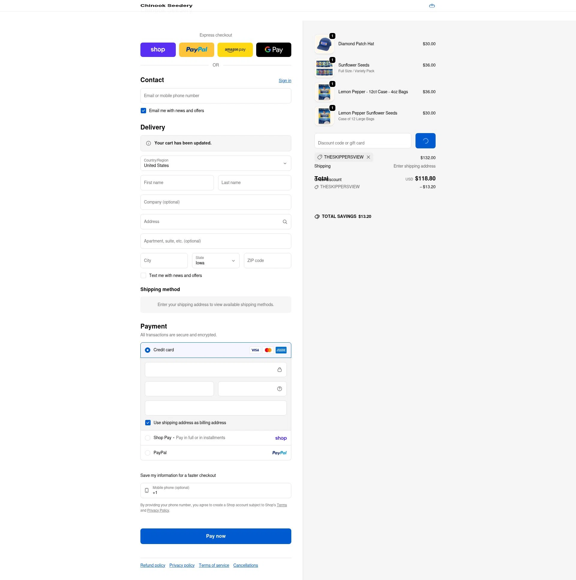 Chinook Seedery checkout page showing Chinook Seedery discount code box | Screenshot taken by SimplyCodes community member on Feb 4, 2026