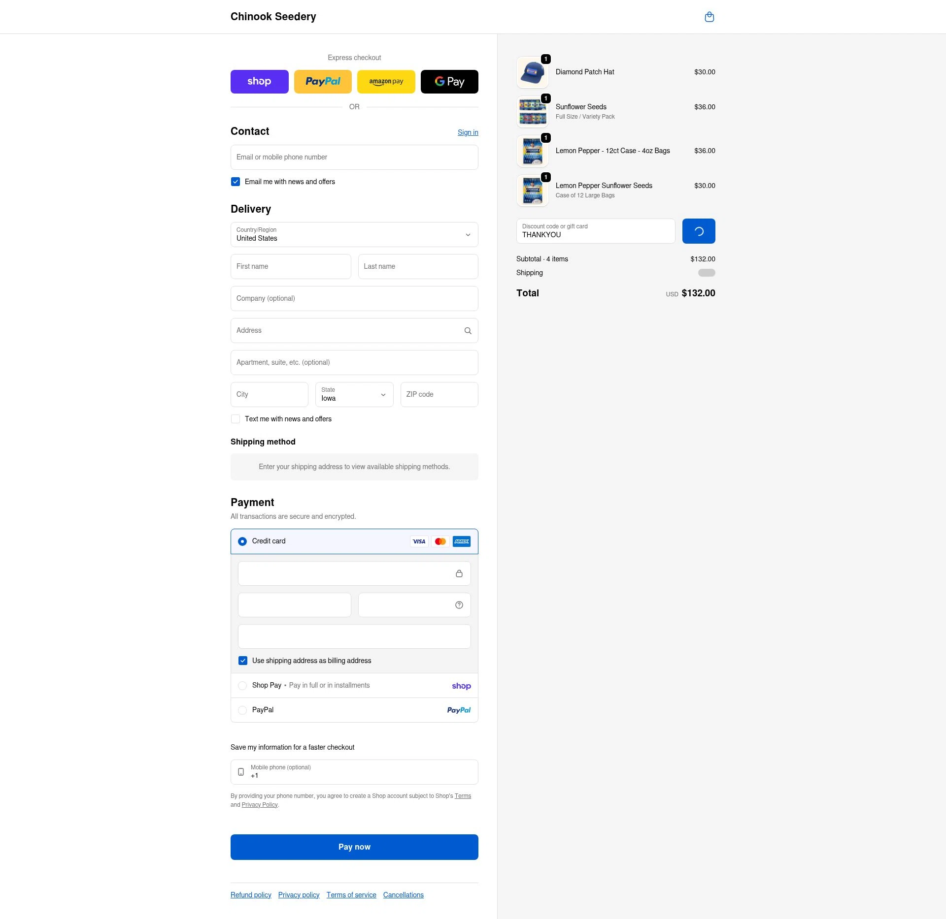 Chinook Seedery checkout page showing Chinook Seedery discount code box | Screenshot taken by SimplyCodes community member on Feb 4, 2026