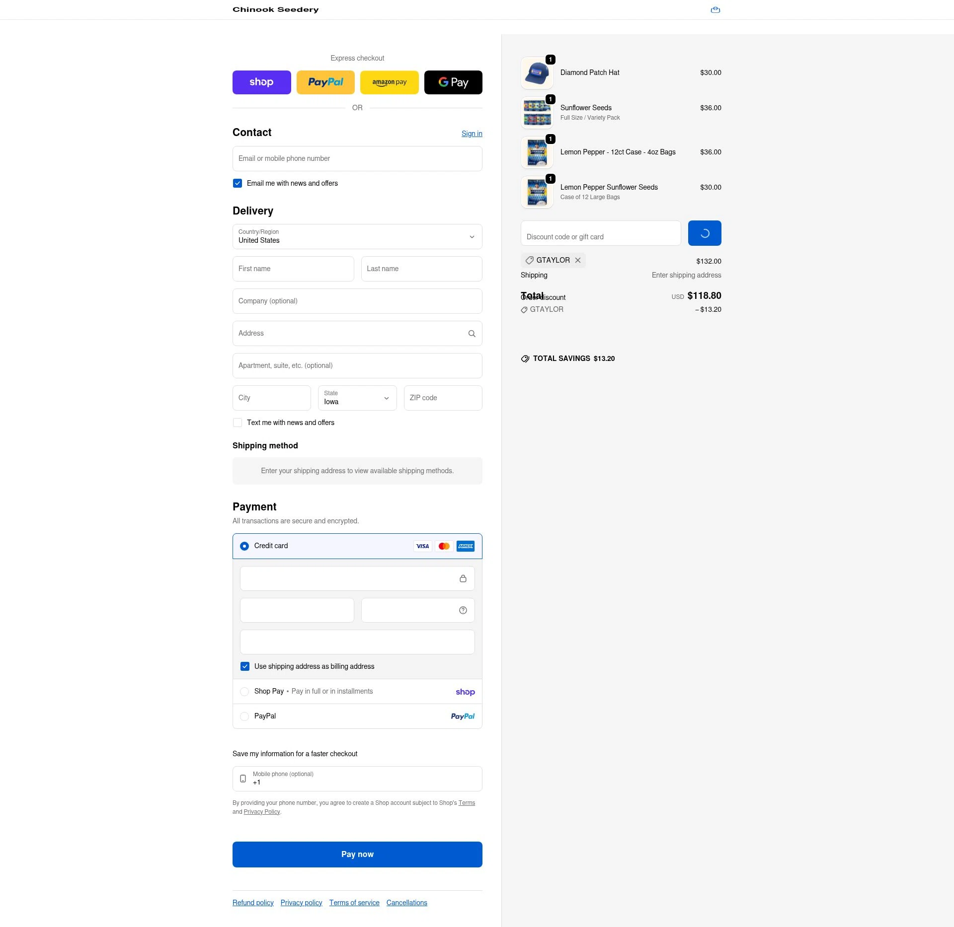 Chinook Seedery checkout page showing Chinook Seedery discount code box | Screenshot taken by SimplyCodes community member on Feb 4, 2026