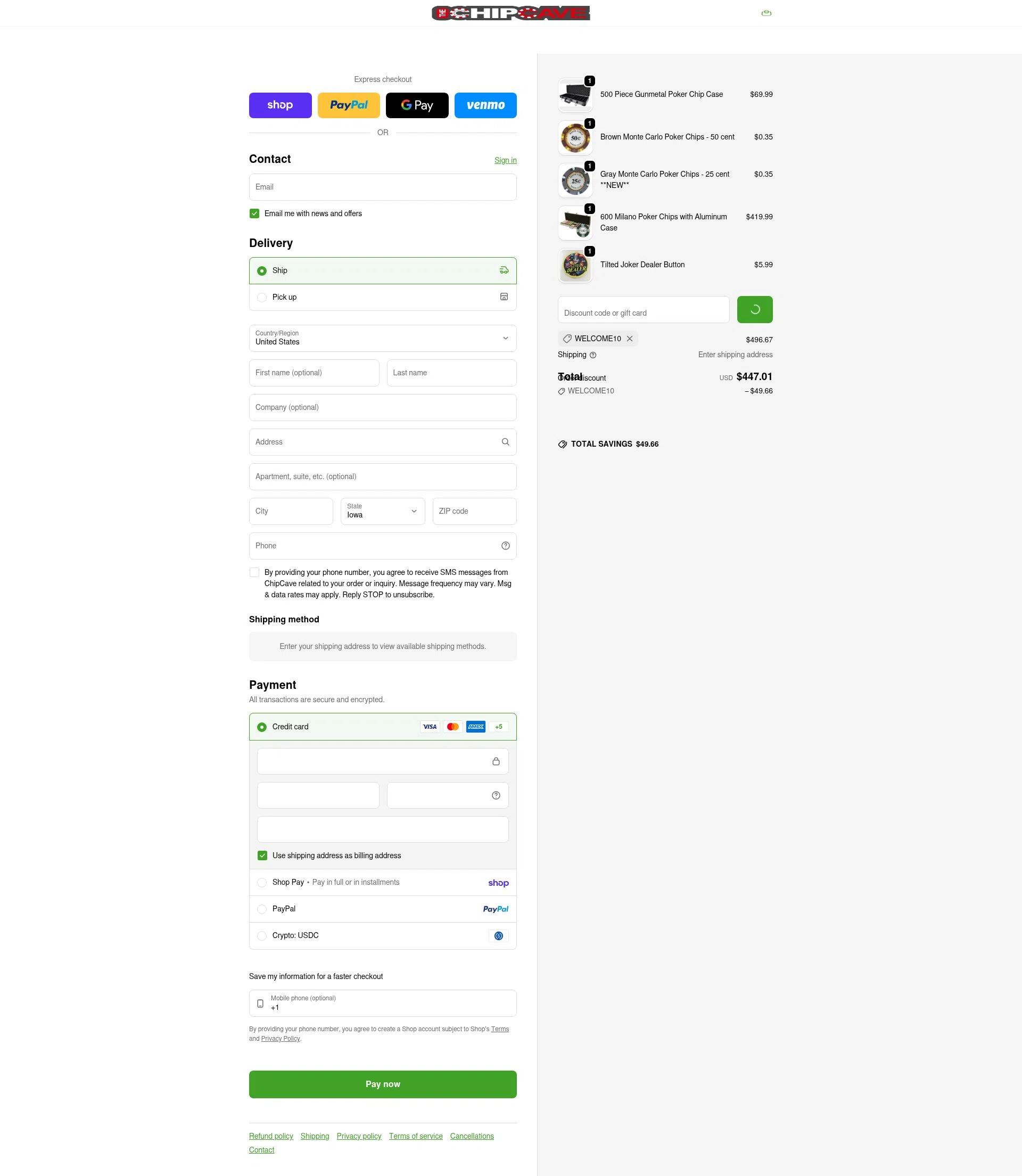 ChipCave checkout page showing ChipCave promo code box | Screenshot taken by SimplyCodes community member on Feb 10, 2026