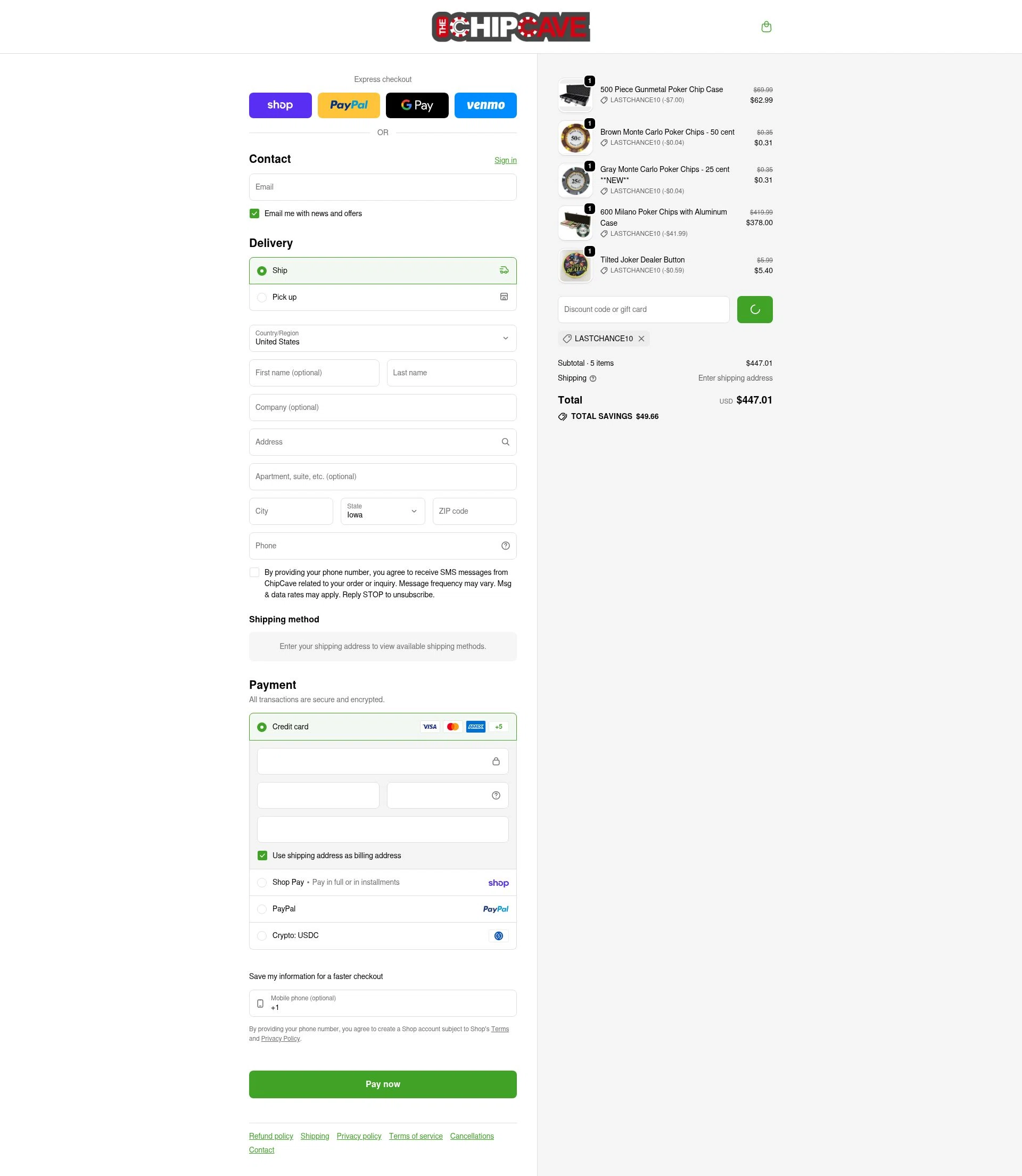 ChipCave checkout page showing ChipCave promo code box | Screenshot taken by SimplyCodes community member on Feb 10, 2026
