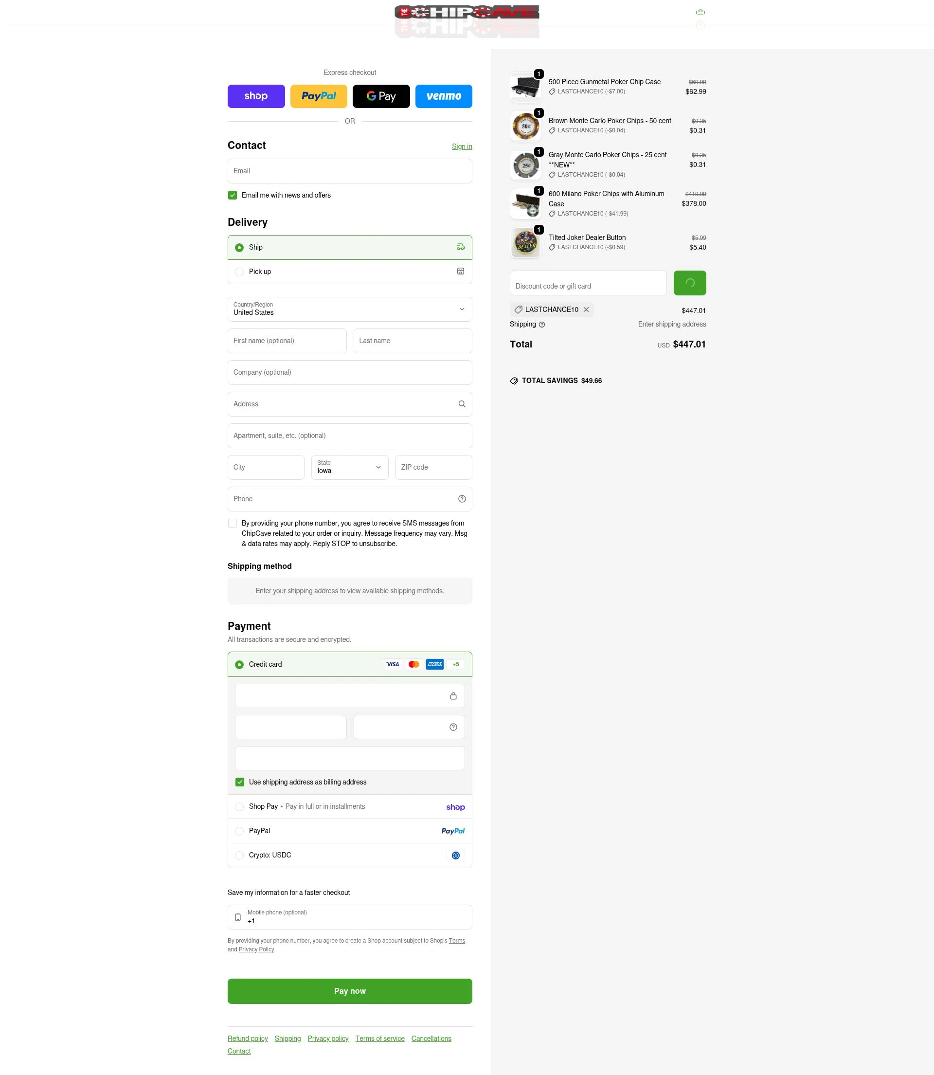 ChipCave checkout page showing ChipCave promo code box | Screenshot taken by SimplyCodes community member on Feb 1, 2026