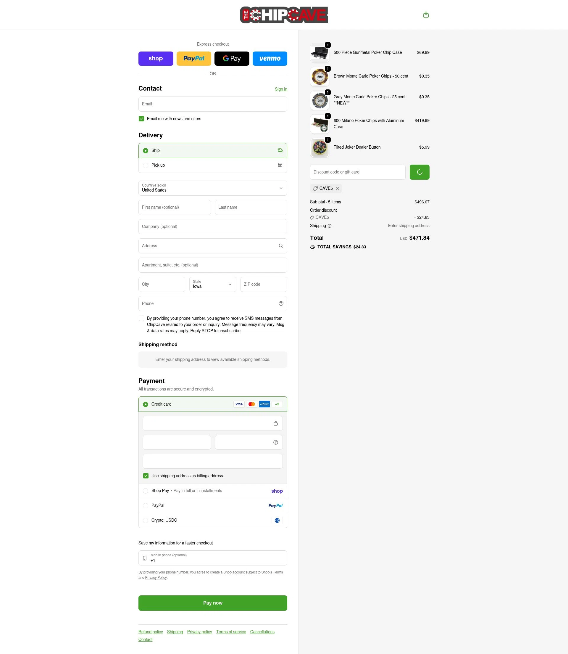ChipCave checkout page showing ChipCave promo code box | Screenshot taken by SimplyCodes community member on Feb 5, 2026