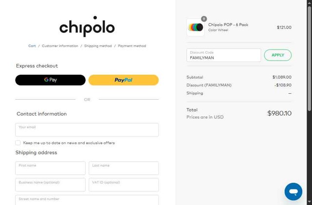 Chipolo checkout page showing Chipolo discount code box | Screenshot taken by SimplyCodes community member on Jul 25, 2025