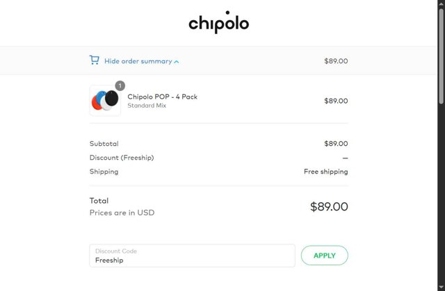 Chipolo checkout page showing Chipolo discount code box | Screenshot taken by SimplyCodes community member on Jul 25, 2025