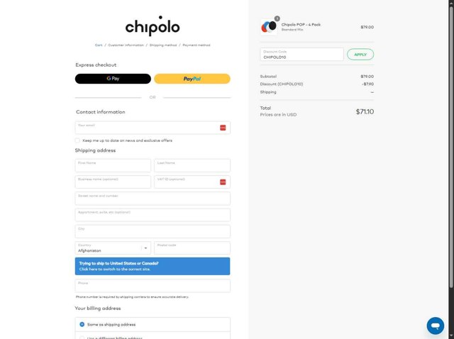 Chipolo checkout page showing Chipolo discount code box | Screenshot taken by SimplyCodes community member on Aug 22, 2025