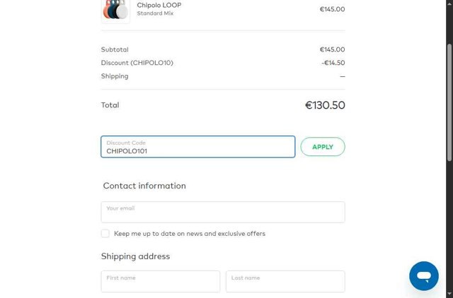 Chipolo checkout page showing Chipolo discount code box | Screenshot taken by SimplyCodes community member on Aug 30, 2025