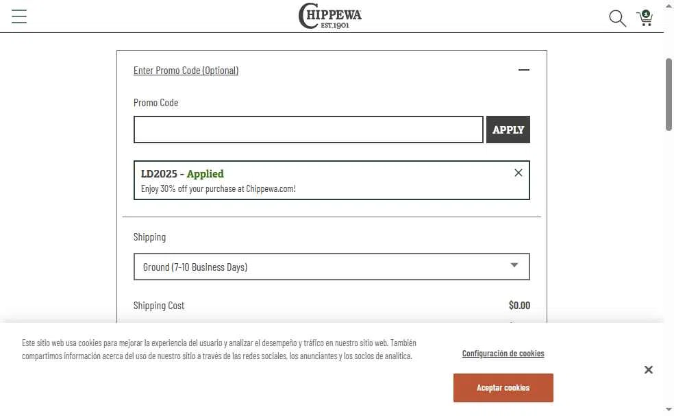 Chippewa Boots checkout page showing Chippewa Boots promo code box | Screenshot taken by SimplyCodes community member on Aug 22, 2025