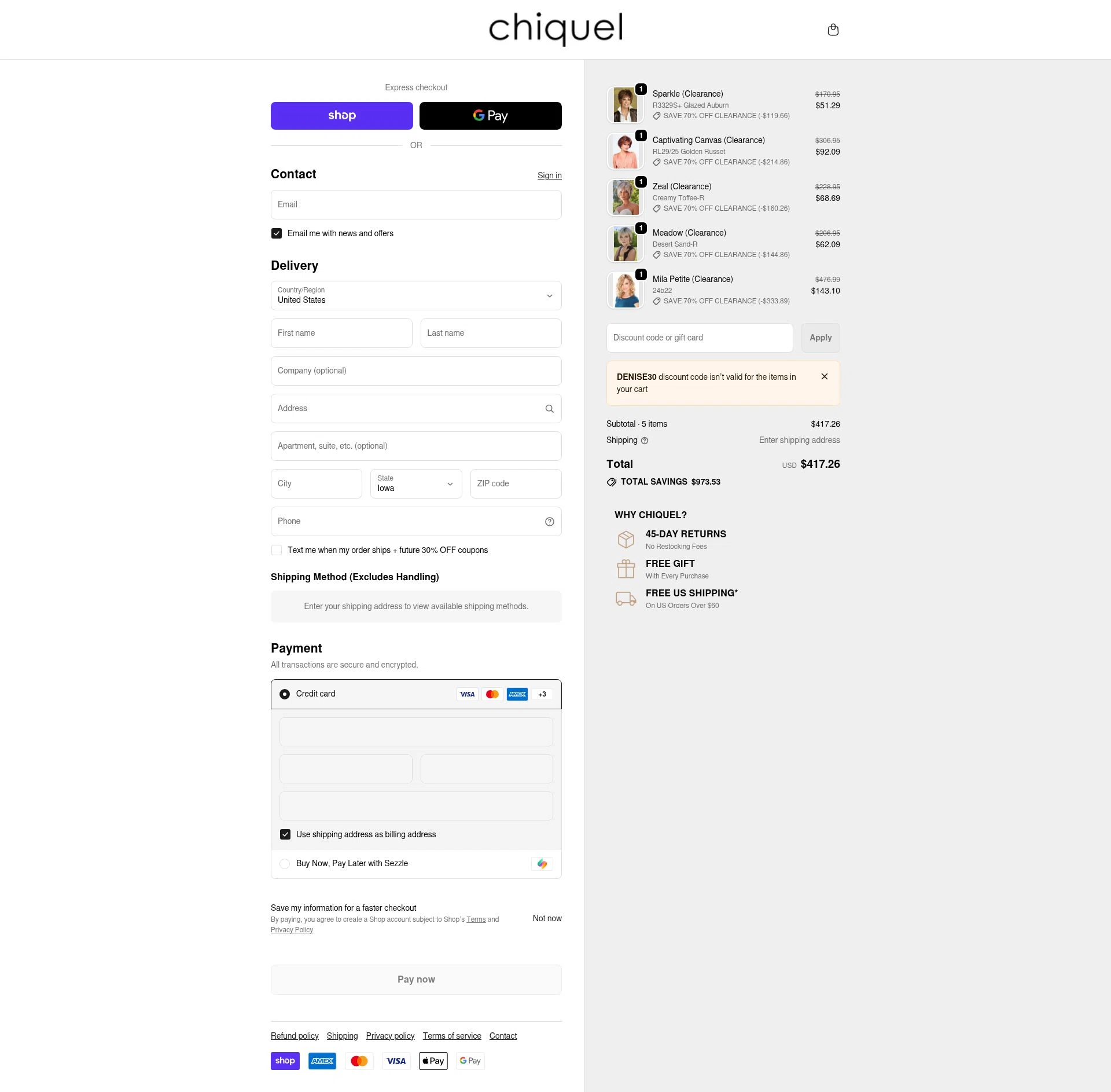 Chiquel checkout page showing Chiquel discount code box | Screenshot taken by SimplyCodes community member on Feb 19, 2026
