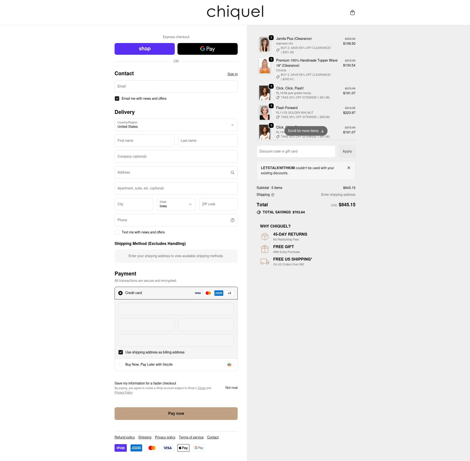 Chiquel checkout page showing Chiquel discount code box | Screenshot taken by SimplyCodes community member on Feb 14, 2026
