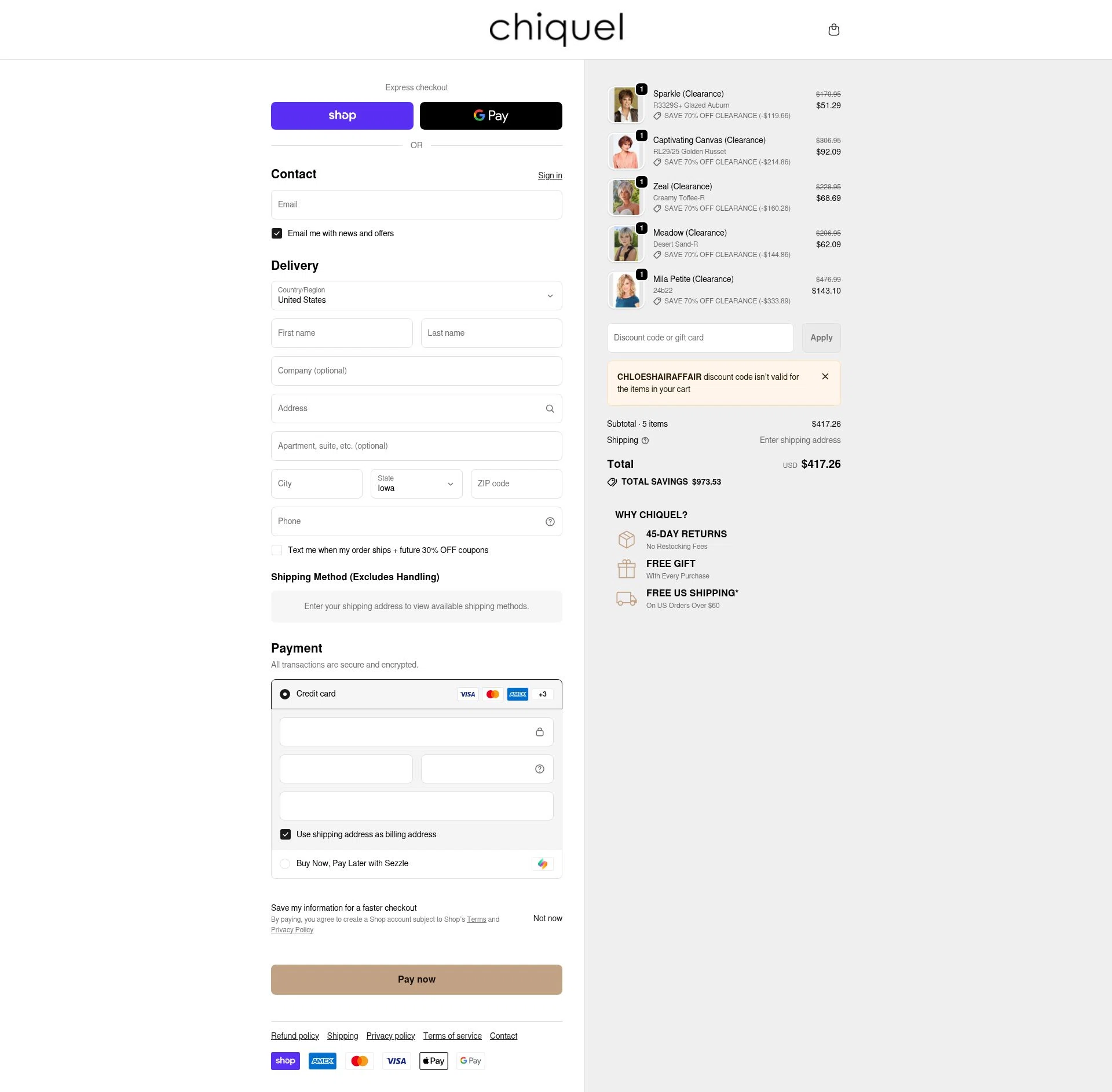 Chiquel checkout page showing Chiquel discount code box | Screenshot taken by SimplyCodes community member on Feb 19, 2026