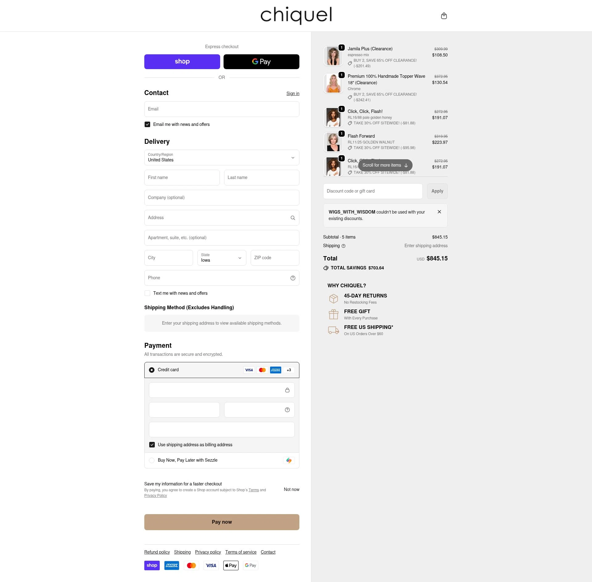 Chiquel checkout page showing Chiquel discount code box | Screenshot taken by SimplyCodes community member on Feb 14, 2026