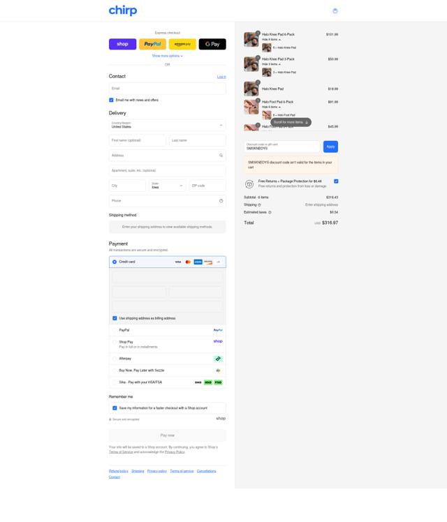 Chirp checkout page showing Chirp discount code box | Screenshot taken by SimplyCodes community member on Sep 8, 2025