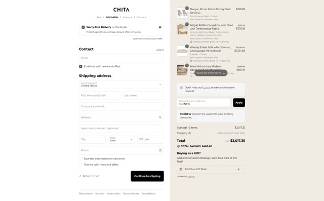 Chita Living checkout page showing Chita Living discount code box | Screenshot taken by SimplyCodes community member on Sep 1, 2025