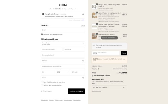 Chita Living checkout page showing Chita Living discount code box | Screenshot taken by SimplyCodes community member on Sep 1, 2025