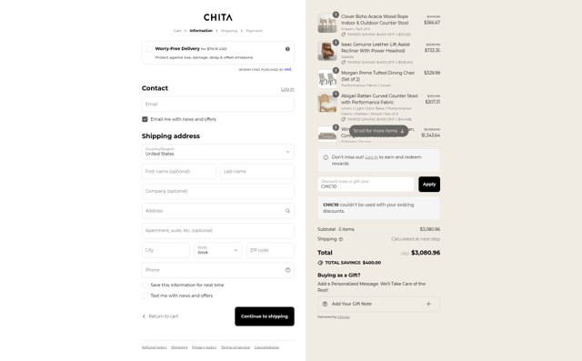 Chita Living checkout page showing Chita Living discount code box | Screenshot taken by SimplyCodes community member on Sep 5, 2025