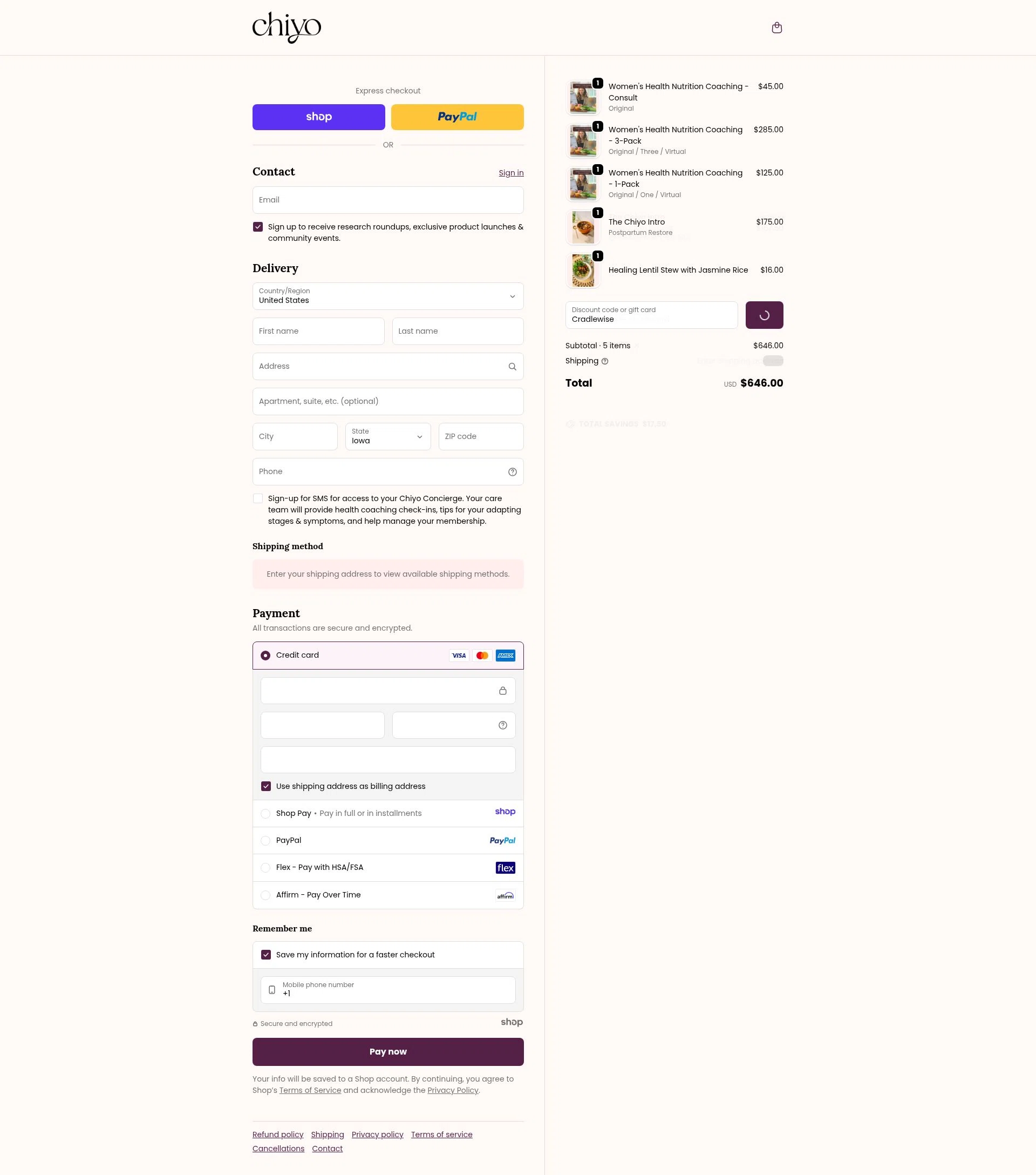 Chiyo checkout page showing Chiyo discount code box | Screenshot taken by SimplyCodes community member on Jan 8, 2026