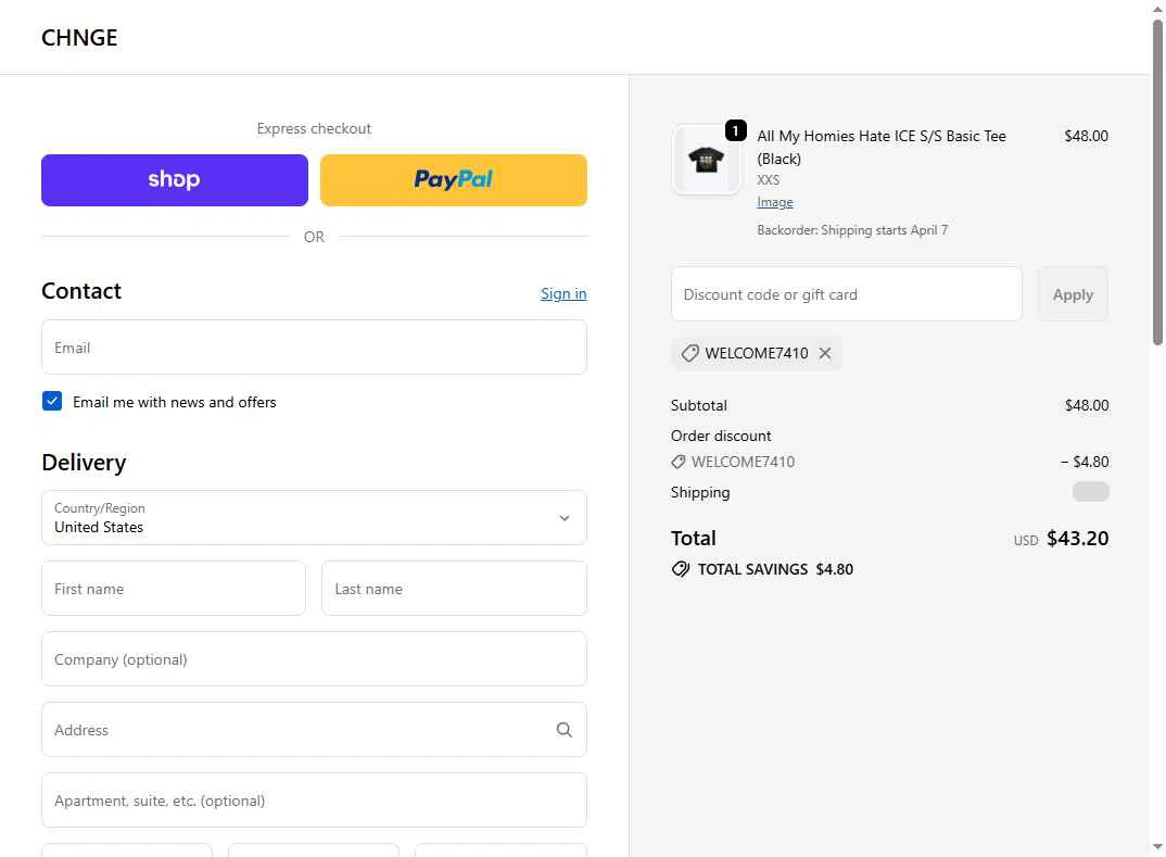 CHNGE checkout page showing CHNGE discount code box | Screenshot taken by SimplyCodes community member on Feb 12, 2026