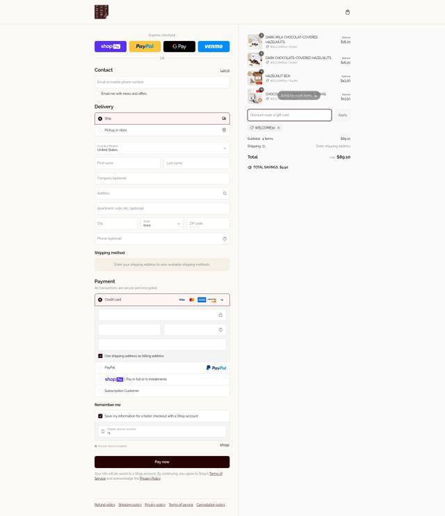 Chocolat-e checkout page showing Chocolat-e promo code box | Screenshot taken by SimplyCodes community member on Mar 7, 2025