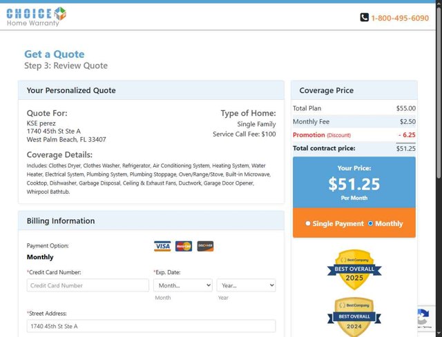 Choice Home Warranty checkout page showing Choice Home Warranty promo code box | Screenshot taken by SimplyCodes community member on Jul 14, 2025