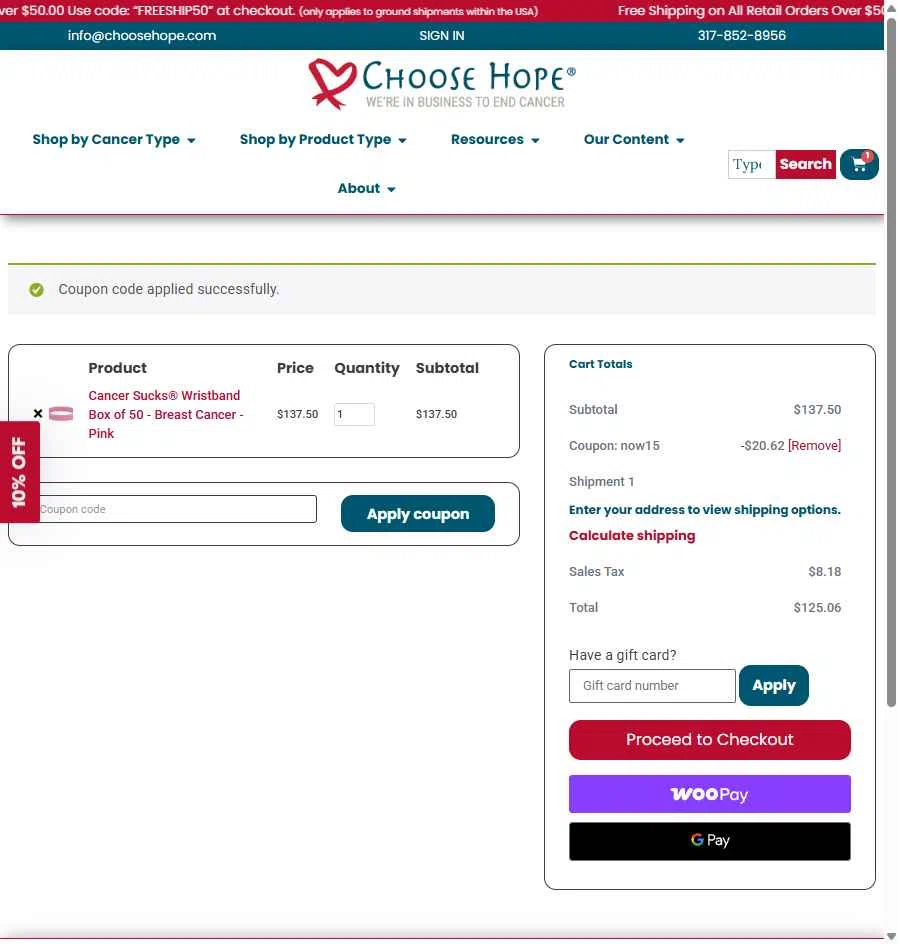 Choose Hope checkout page showing Choose Hope promo code box | Screenshot taken by SimplyCodes community member on Feb 17, 2026