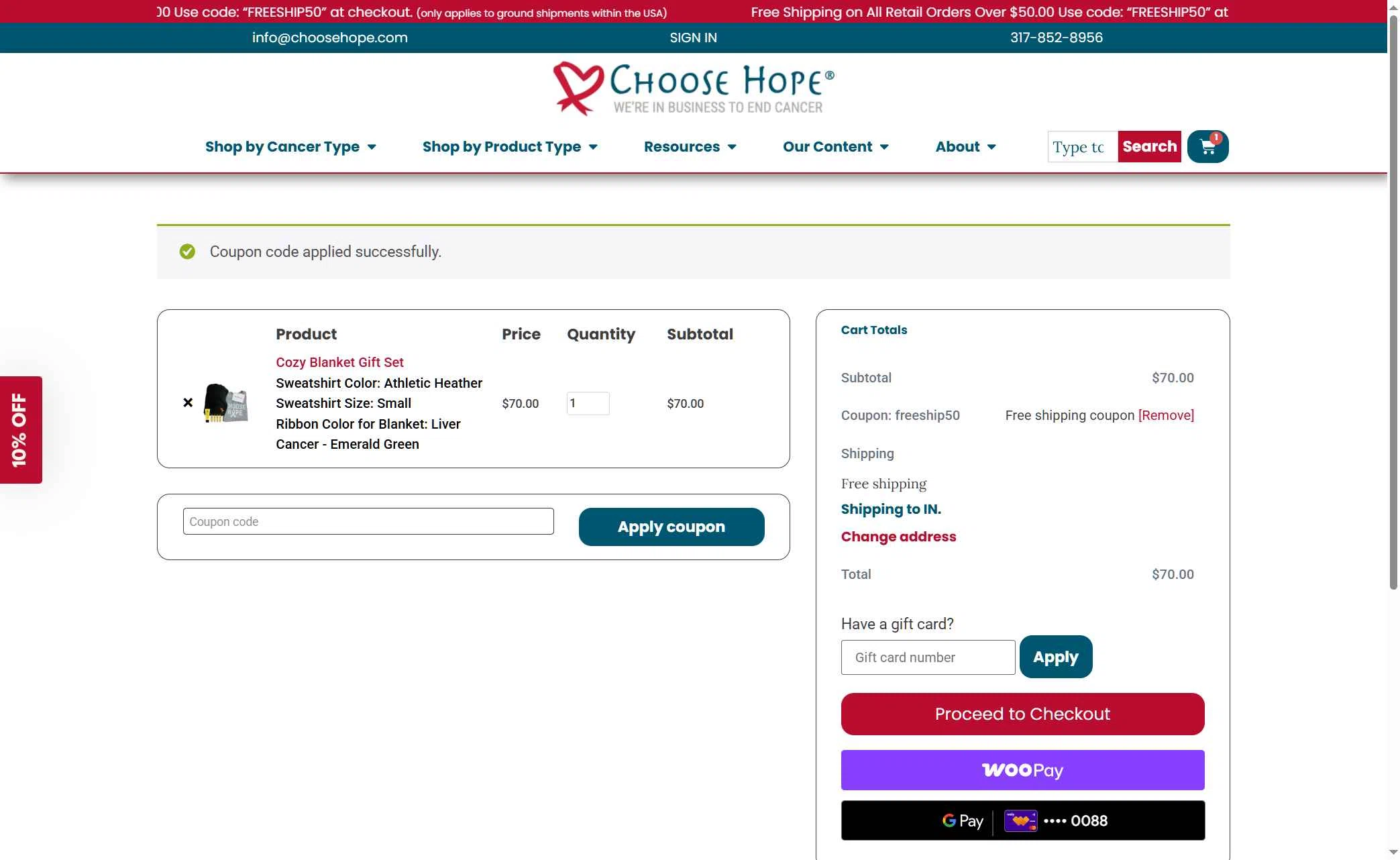 Choose Hope checkout page showing Choose Hope promo code box | Screenshot taken by SimplyCodes community member on Jan 25, 2026