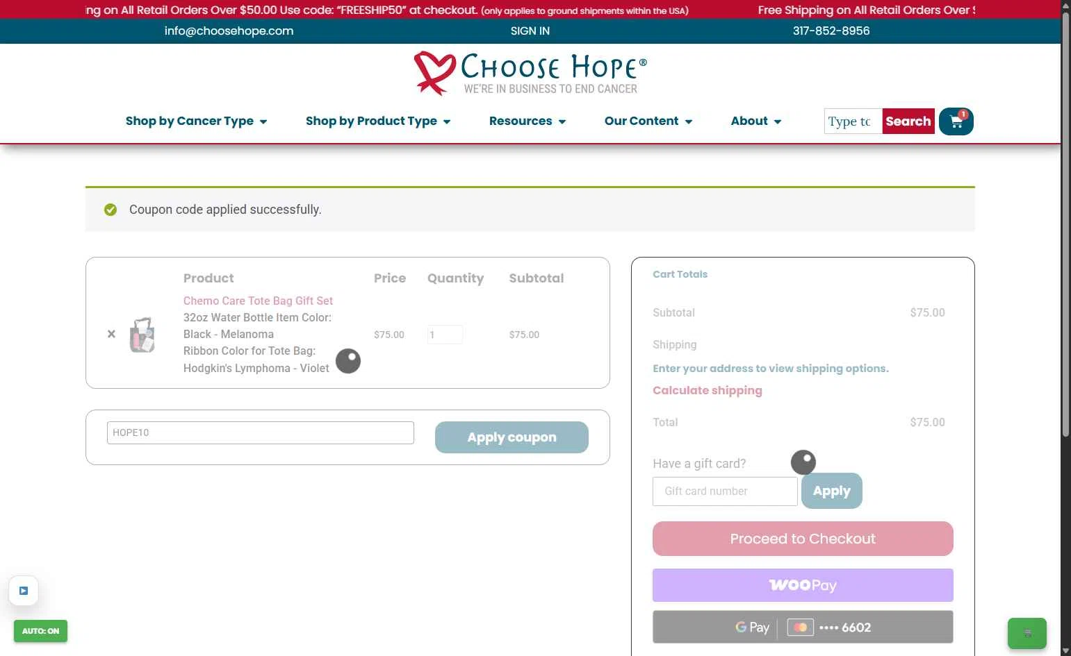 Choose Hope checkout page showing Choose Hope promo code box | Screenshot taken by SimplyCodes community member on Jan 17, 2026