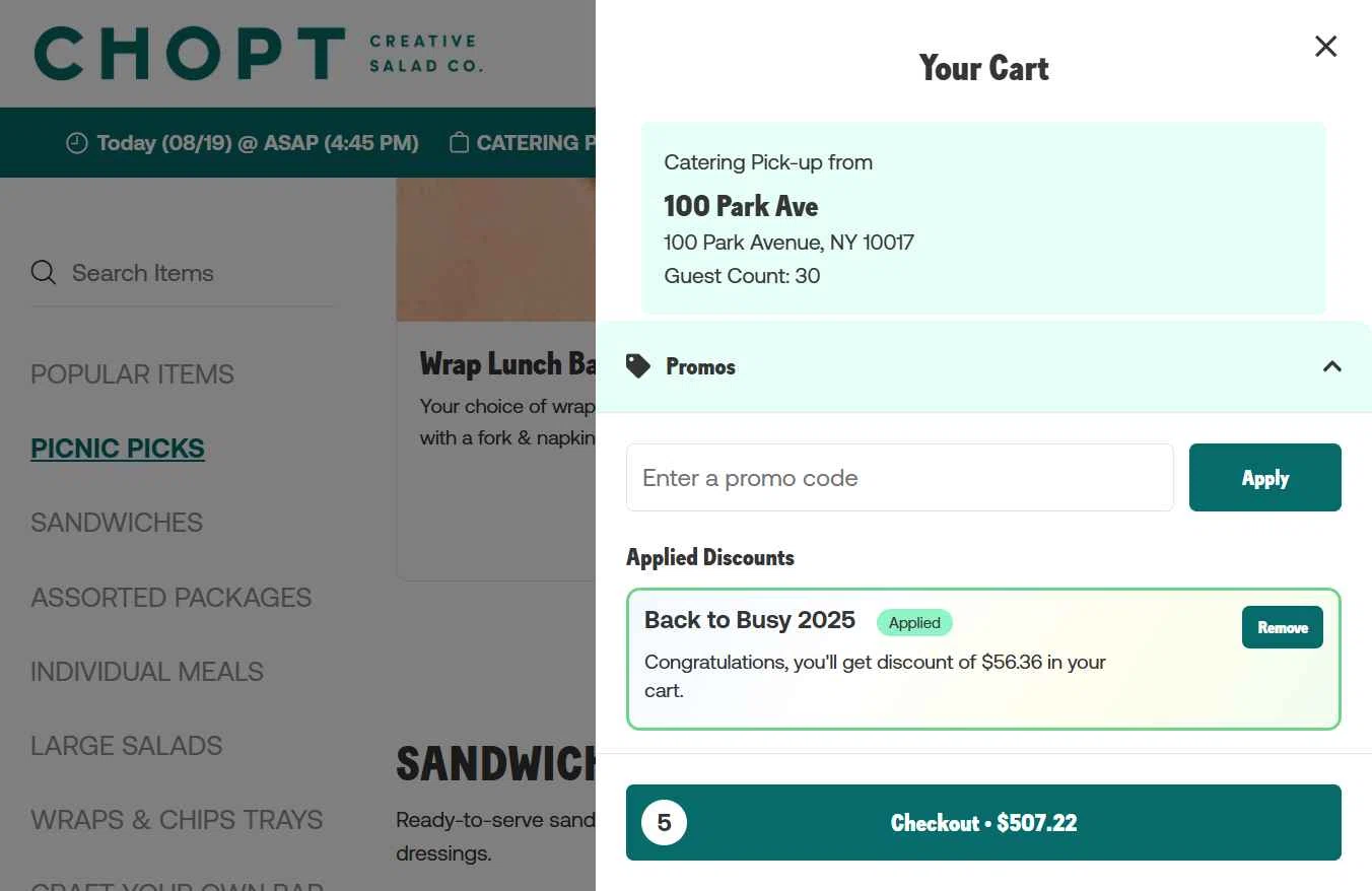Chopt Salad checkout page showing Chopt Salad promo code box | Screenshot taken by SimplyCodes community member on Aug 19, 2025