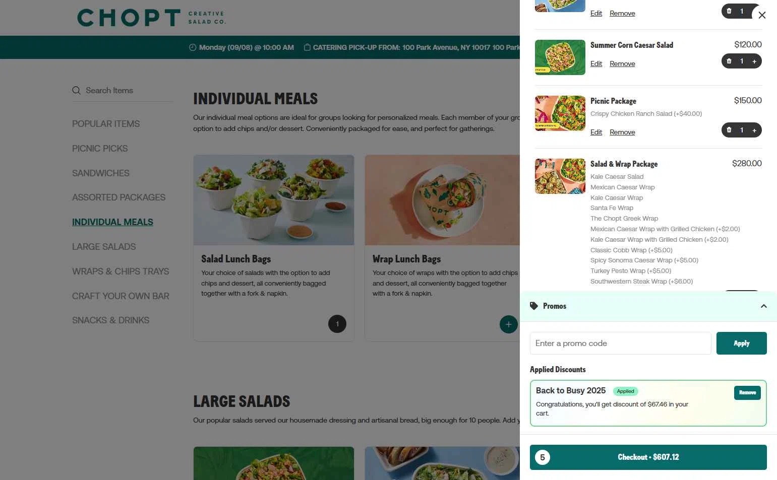 Chopt Salad checkout page showing Chopt Salad promo code box | Screenshot taken by SimplyCodes community member on Sep 5, 2025