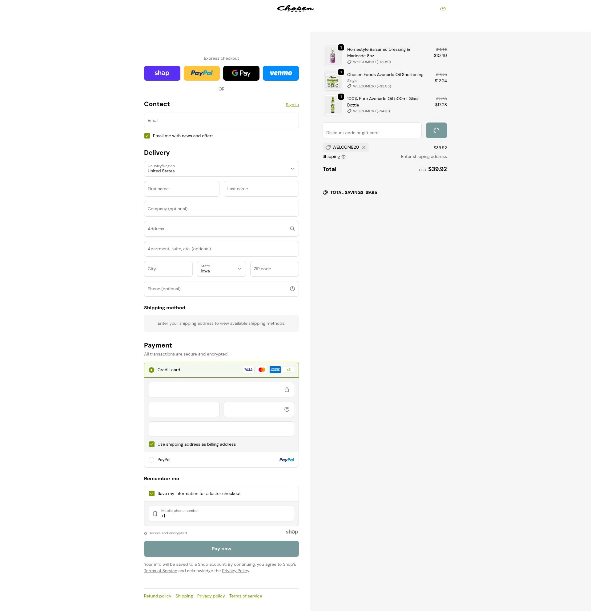 Chosen Foods checkout page showing Chosen Foods coupon code box | Screenshot taken by SimplyCodes community member on Dec 28, 2025