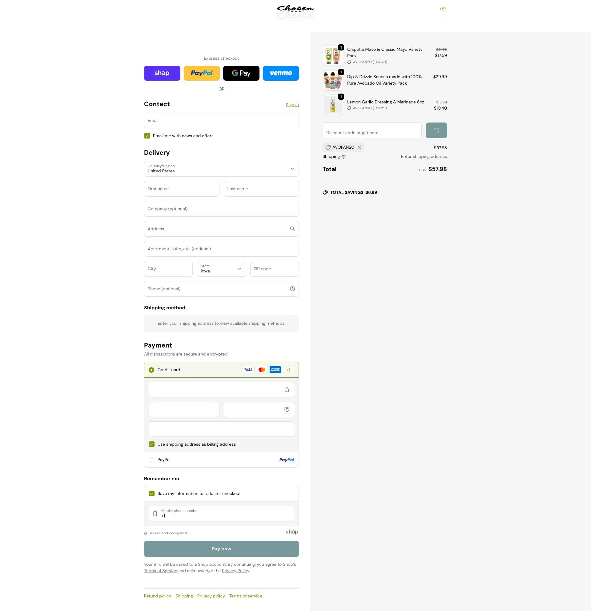 Chosen Foods checkout page showing Chosen Foods coupon code box | Screenshot taken by SimplyCodes community member on Dec 23, 2025