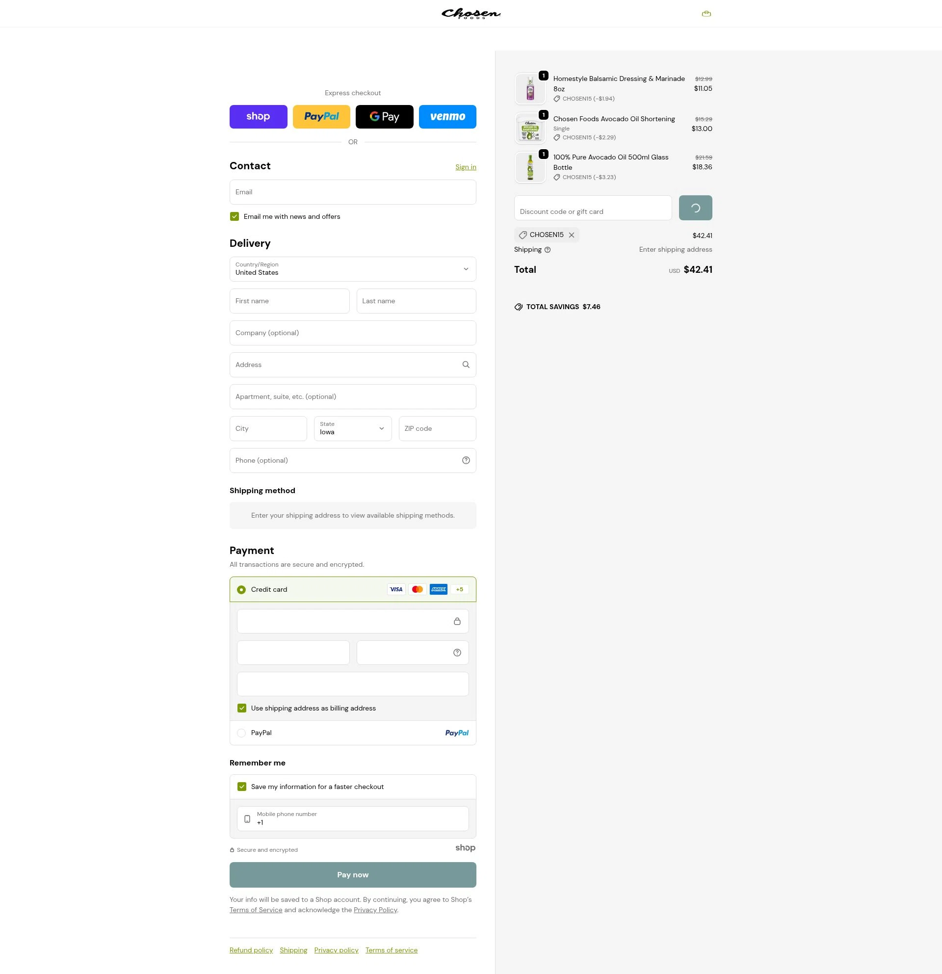 Chosen Foods checkout page showing Chosen Foods coupon code box | Screenshot taken by SimplyCodes community member on Dec 28, 2025