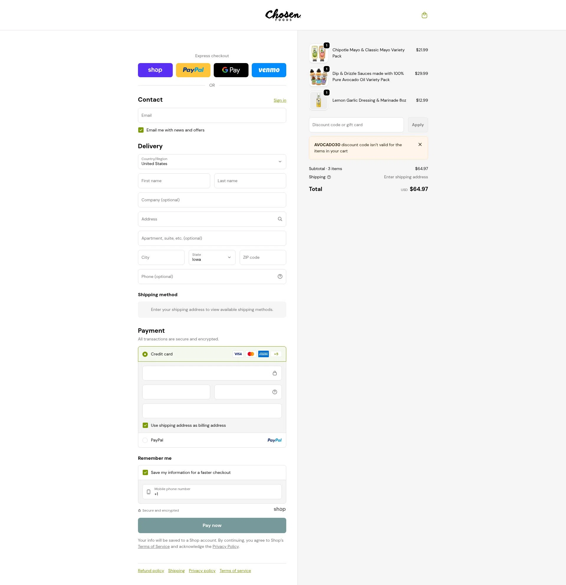 Chosen Foods checkout page showing Chosen Foods coupon code box | Screenshot taken by SimplyCodes community member on Dec 23, 2025