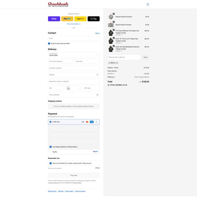 Chowdaheadz checkout page showing Chowdaheadz discount code box | Screenshot taken by SimplyCodes community member on Sep 12, 2025
