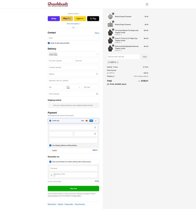 Chowdaheadz checkout page showing Chowdaheadz discount code box | Screenshot taken by SimplyCodes community member on Sep 12, 2025