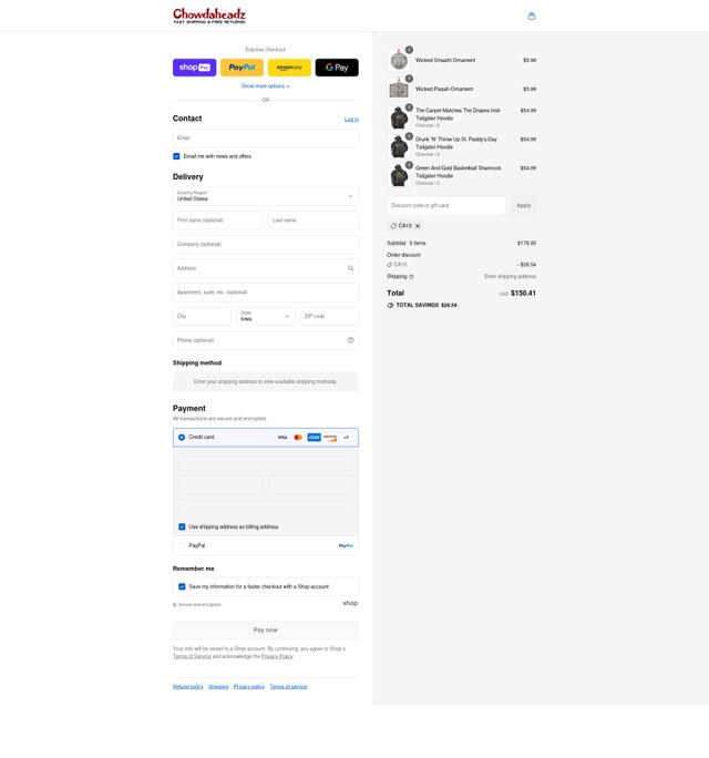 Chowdaheadz checkout page showing Chowdaheadz discount code box | Screenshot taken by SimplyCodes community member on Aug 27, 2025