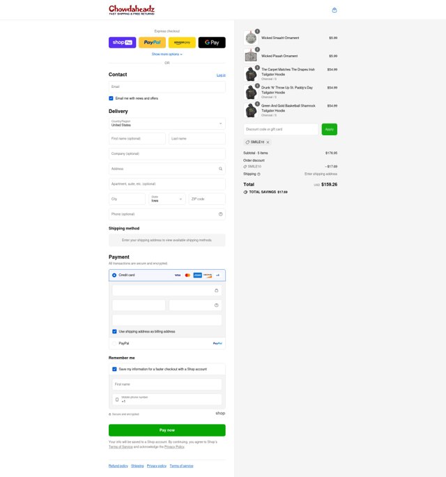Chowdaheadz checkout page showing Chowdaheadz discount code box | Screenshot taken by SimplyCodes community member on Aug 27, 2025