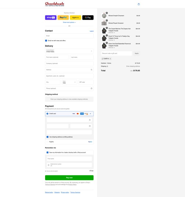 Chowdaheadz checkout page showing Chowdaheadz discount code box | Screenshot taken by SimplyCodes community member on Aug 27, 2025