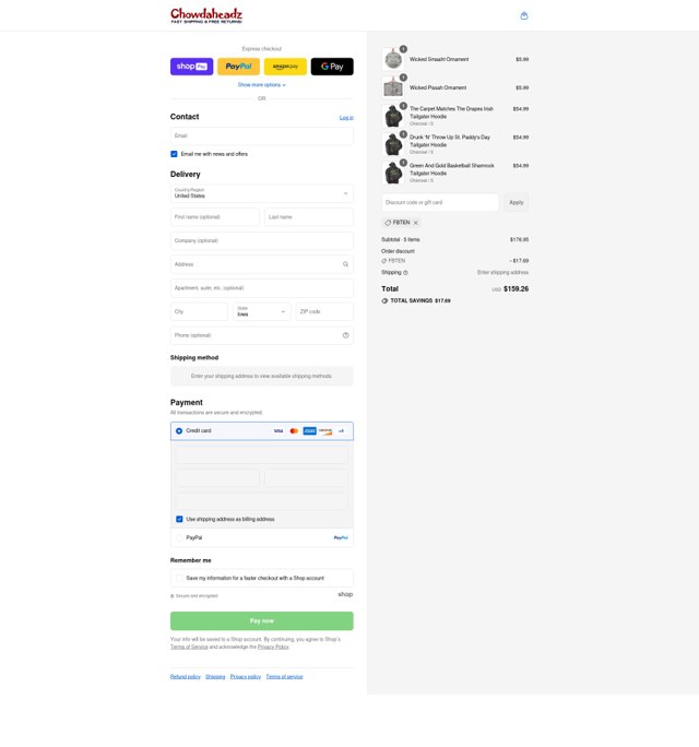 Chowdaheadz checkout page showing Chowdaheadz discount code box | Screenshot taken by SimplyCodes community member on Aug 27, 2025