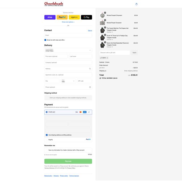 Chowdaheadz checkout page showing Chowdaheadz discount code box | Screenshot taken by SimplyCodes community member on Sep 12, 2025