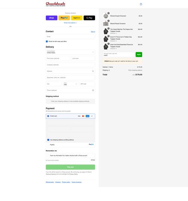 Chowdaheadz checkout page showing Chowdaheadz discount code box | Screenshot taken by SimplyCodes community member on Sep 12, 2025