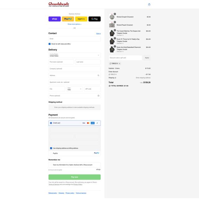Chowdaheadz checkout page showing Chowdaheadz discount code box | Screenshot taken by SimplyCodes community member on Sep 12, 2025