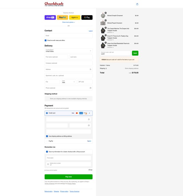 Chowdaheadz checkout page showing Chowdaheadz discount code box | Screenshot taken by SimplyCodes community member on Aug 27, 2025