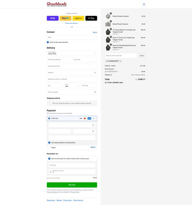 Chowdaheadz checkout page showing Chowdaheadz discount code box | Screenshot taken by SimplyCodes community member on Sep 12, 2025