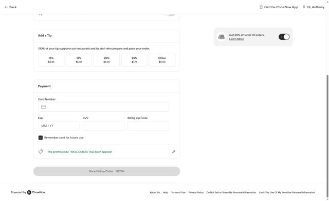 ChowNow checkout page showing ChowNow promo code box | Screenshot taken by SimplyCodes community member on Aug 23, 2025