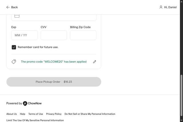 ChowNow checkout page showing ChowNow promo code box | Screenshot taken by SimplyCodes community member on Sep 13, 2025